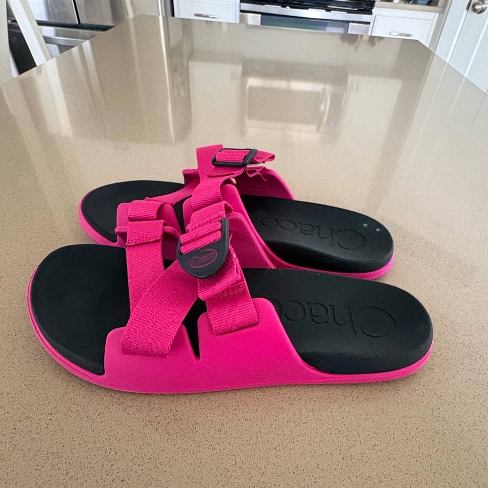 Chaco Pink and Black Slide Sandals